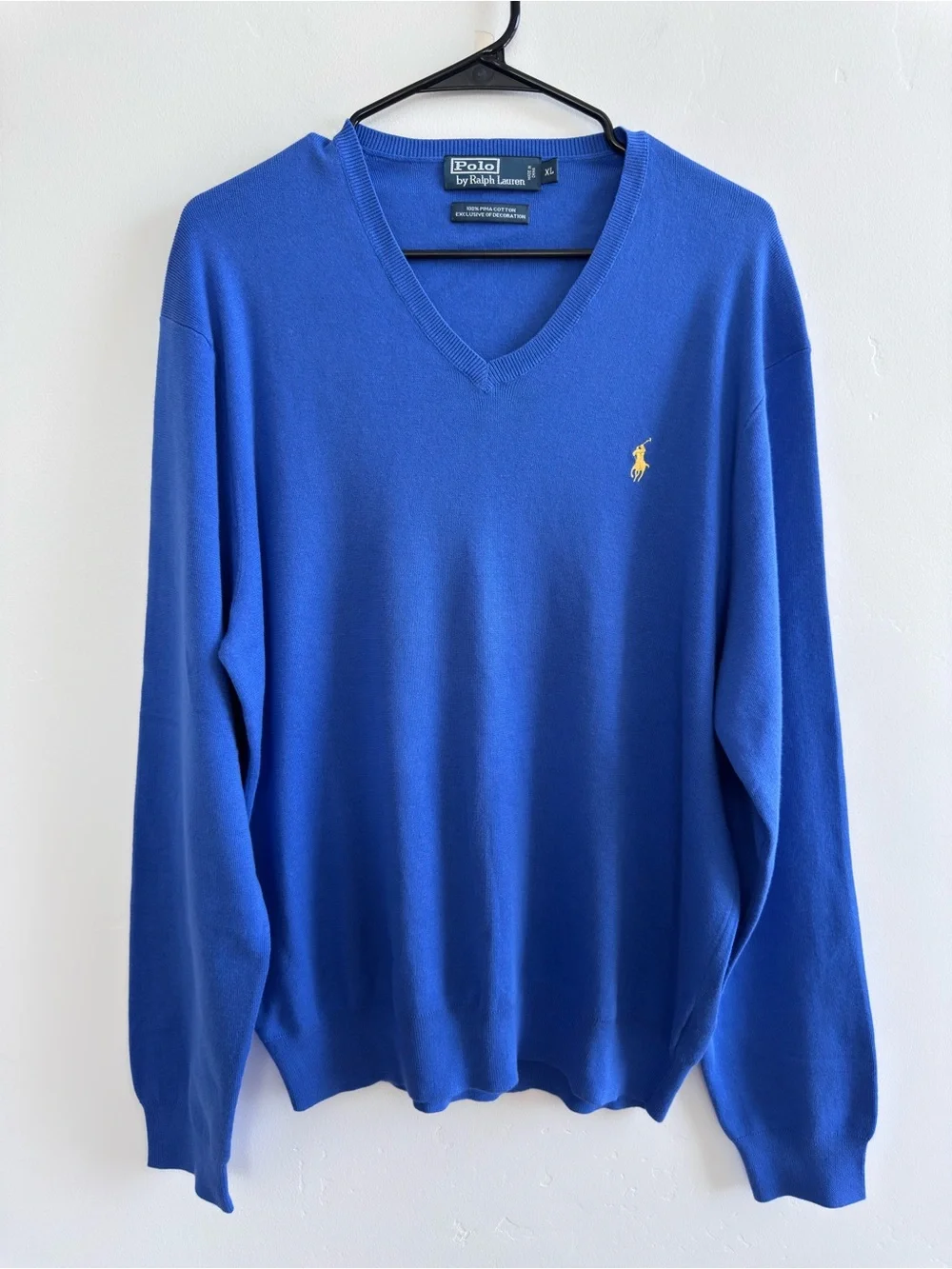 Polo Ralph Lauren Pima Cotton V-Neck Sweater Blue Yellow Pony Men’s XL Preppy